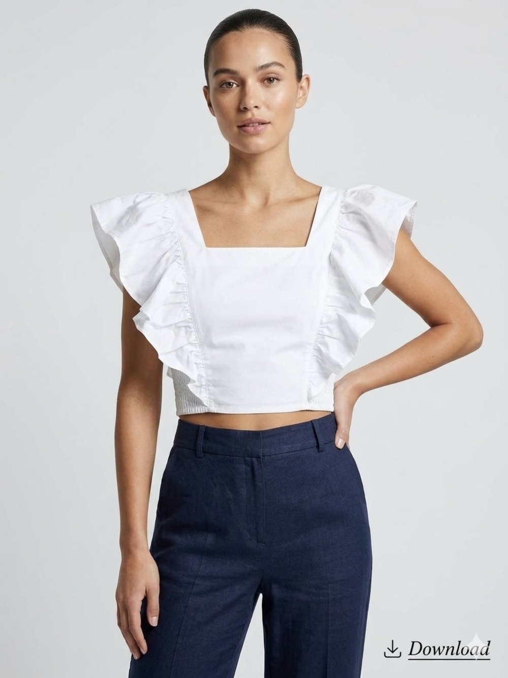 Cropped White Ruffle-Sleeve Square-Neck Top